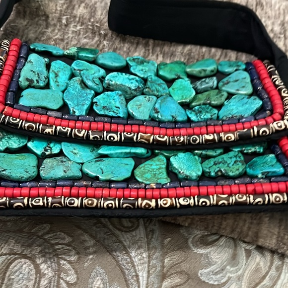 Rare Hand sewed Turquoise and beaded purse. Tibetan Feel. Purchased at Harrahs - Picture 10 of 12